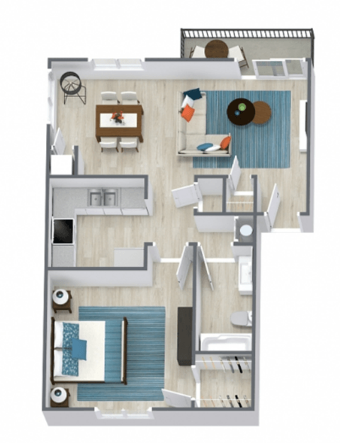 A top-down view of a house layout with a kitchen, living room, dining area, and bathroom.